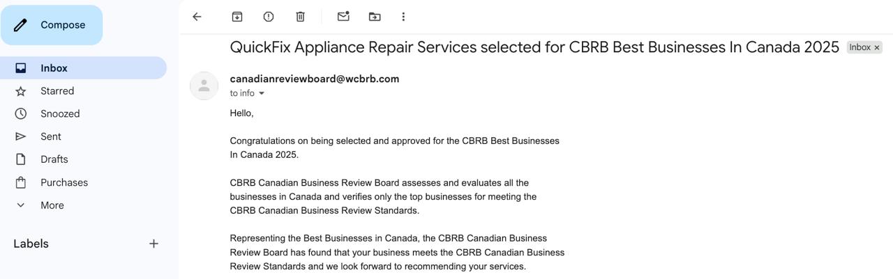 QuickFix Appliance Repair Services Recognized as One of the CBRB Best Businesses in Canada 2025