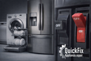 Household appliances next to a tripped circuit breaker in a modern kitchen