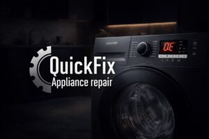 QuickFix Appliance Repair logo on a washing machine with an error code display in a modern laundry room