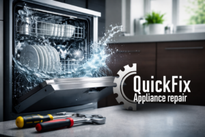 Open dishwasher with water splash and tools, representing professional dishwasher repair by Quick Fix Appliance Repair in Winnipeg