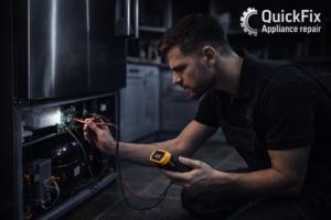 Technician diagnosing refrigerator components with a multimeter during appliance repair